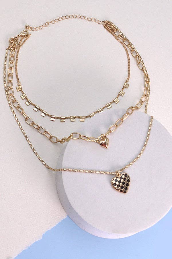 Checkered Heart Triple Necklace