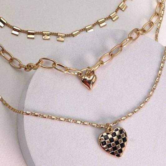 Checkered Heart Triple Necklace